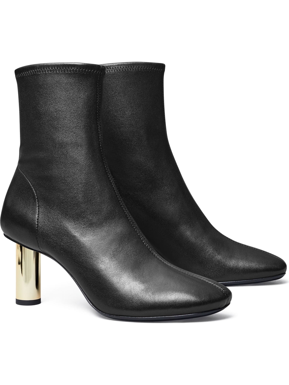 Tory Burch Black Leather Ankle Boots with Gold Cylindrical Heel
